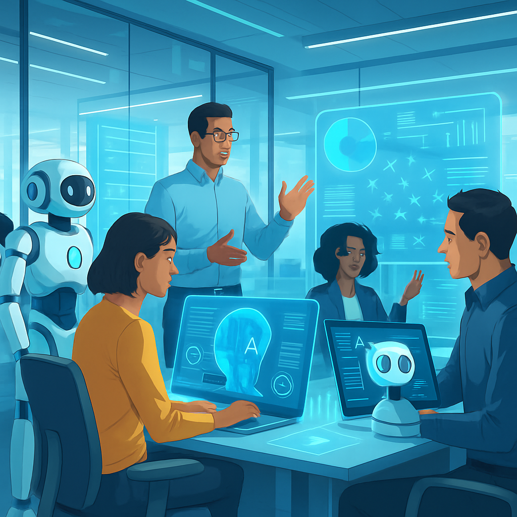 Eye-catching, original photo illustrating the future of work, AI, or people collaborating with intelligent tech (minimum 1,200px wide).